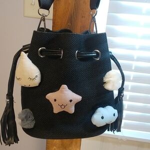 Fur You Hobo Black Bucket Pentagram Shoulder Drawstring Crossbody Small Bag